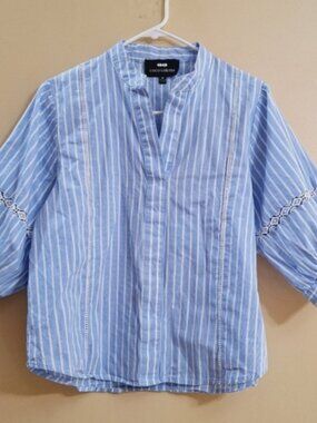 Coco Colette Women's Cotton Blue White Stripped Blouse medium v neck